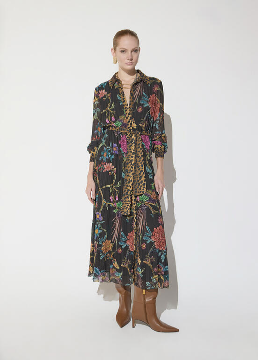 VESTIDO MIDI COM ESTAMPA DE FLORES E CONTRASTE EM ANIMAL PRINT NA GOLA BY MAITE - LOLA CASADEMUNT