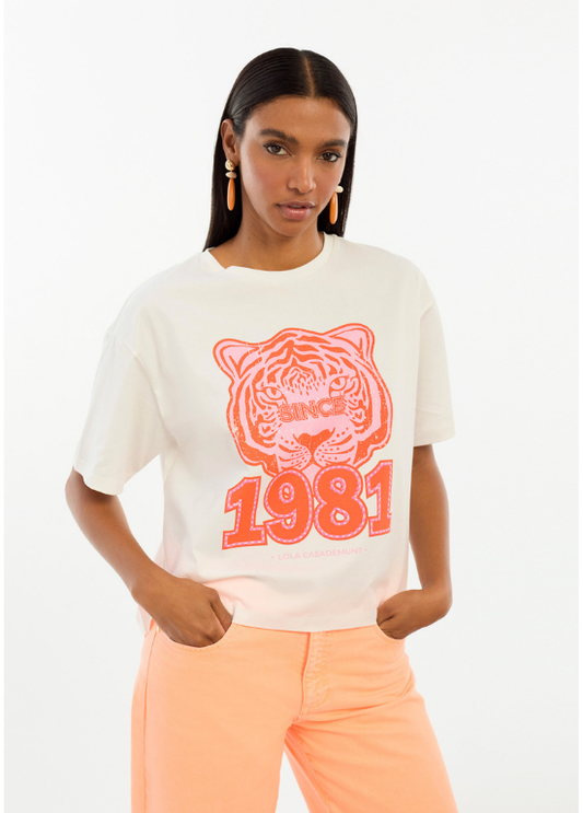 T-SHIRT DE ALGODÃO COM TIGRE E 1981 E CORTES NAS COSTAS - LOLA CASADEMUNT