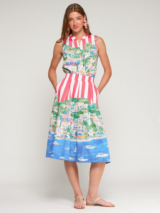 SAIA COM RISCAS VERTICAIS E ESTAMPADO DE FÉRIAS - VILAGALLO