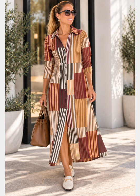 VESTIDO CAMISEIRO EM MALHA ELÁSTICA COM RISCAS OUTONAIS - ADET