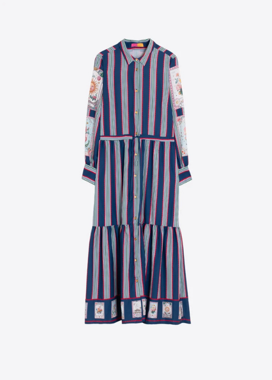 VESTIDO COMPRIDO DE RISCA AZUL E BRANCA E ILUSTRAÇÕES - VILAGALLO