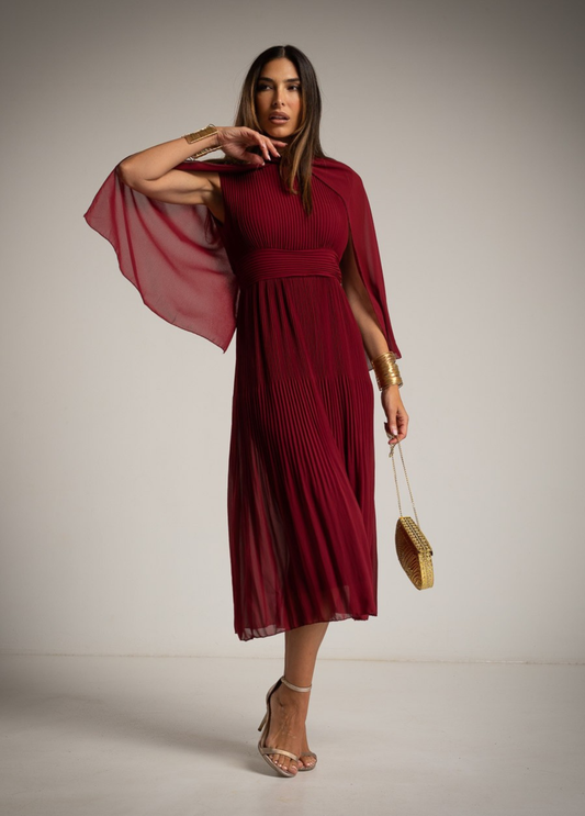 VESTIDO MIDI PLISSADO COM CAPA EM CHIFFON - ALBANOS