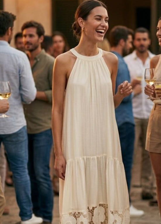 VESTIDO COMPRIDO COM BARRA EM BORDADO - ALIBY