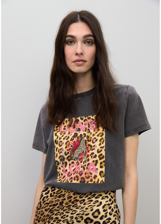 T-SHIRT DE ALGODÃO CINZA COM LEOPARDO E LOVE LOLA - LOLA CASADEMUNT