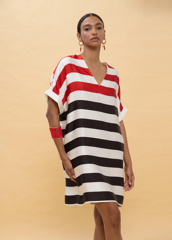 VESTIDO ACETINADO COM RISCAS VERMELHAS E PRETAS - LOLA CASADEMUNT
