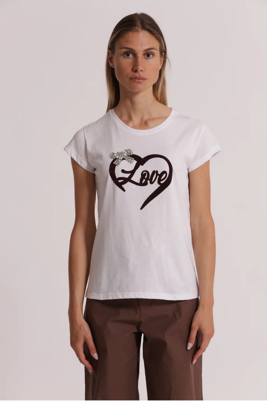 T-SHIRT DE ALGODÃO LOVE COM ESTAMPADO DE VELUDO E LAÇO DE STRASS - MIMI MUA