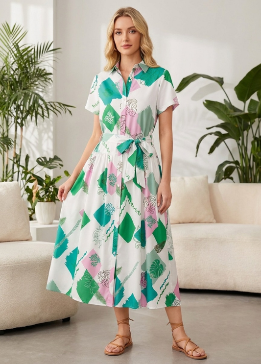 VESTIDO CAMISEIRO MIDI EM TONS DE VERDE E ROSA - ALIBY