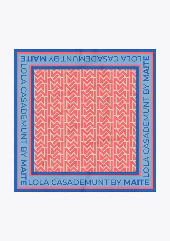 LENÇO EM CETIM ESTAMPADO AZUL E CORAL - LOLA CASADEMUNT