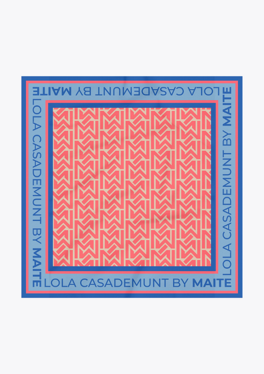 LENÇO EM CETIM ESTAMPADO AZUL E CORAL - LOLA CASADEMUNT