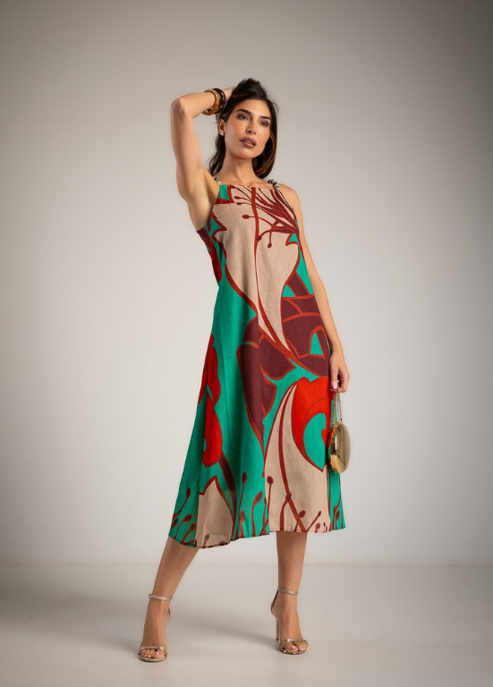VESTIDO MIDI COM ESTAMPADO TROPICAL E ALÇAS DE MIÇANGAS - ALBANO'S