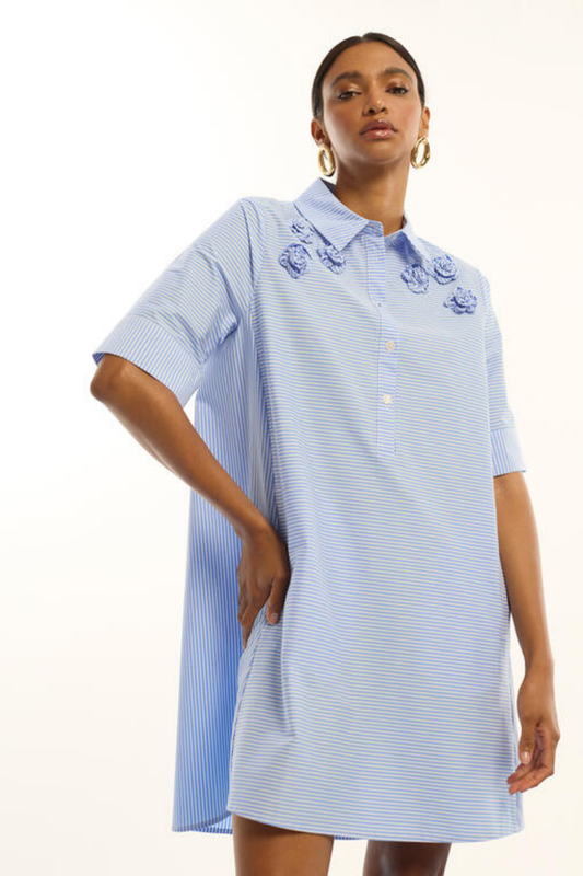 VESTIDO DE MANGA CURTA AZUL E BRANCO - LOLA CASADEMUNT