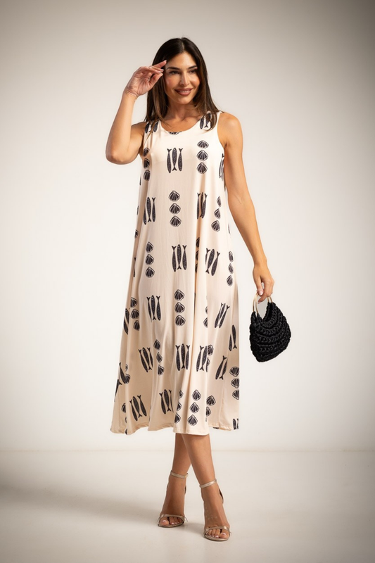 VESTIDO MIDI EM MALHA FRIA COM ESTAMPADO MAR - ALBANO'S