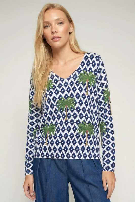 JERSEY EM ALGODÃO COM ESTAMPADO AZUL E PALMEIRAS - VILAGALLO