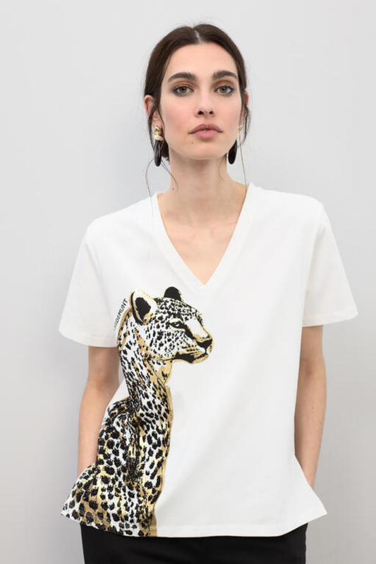 T-SHIRT DE ALGODÃO COM DECOTE EM V E LEOPARDO EM MIÇANGAS - LOLA CASADEMUNT