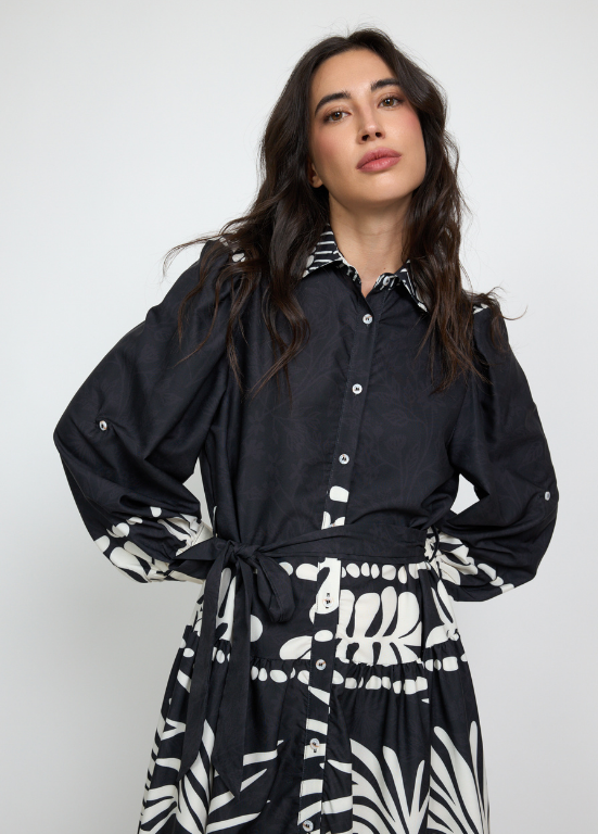 VESTIDO EM TECIDO FRESCO PRETO E BRANCO - ALIBY