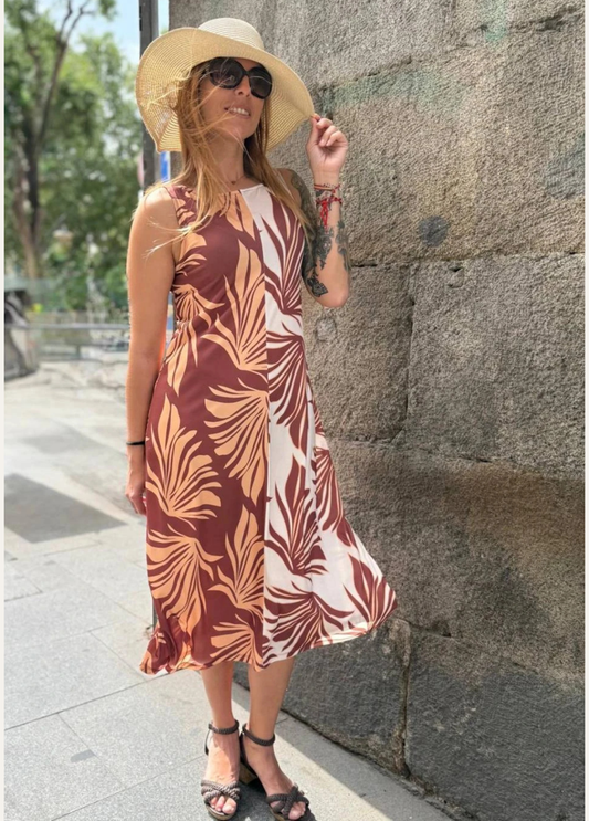 VESTIDO MIDI GRACE COM ESTAMPA TROPICAL EM CONTRASTE - ADET