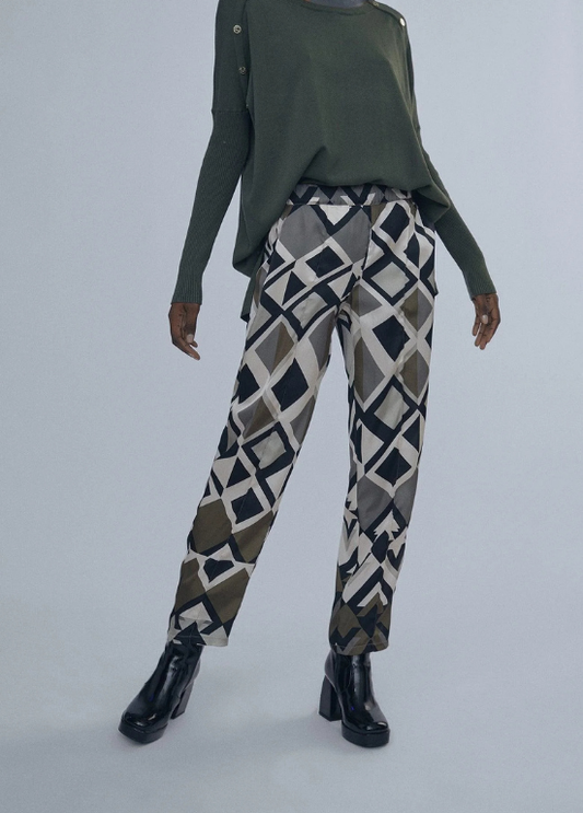 CALÇAS JOGGING ACETINADAS COM ESTAMPADO GEOMÉTRICO KAKI - LOLA CASADEMUNT