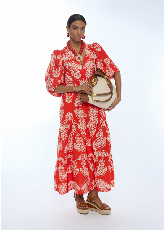 VESTIDO LONGO ESTAMPADO PAISLEY VERMELHO - LOLA CASADEMUNT