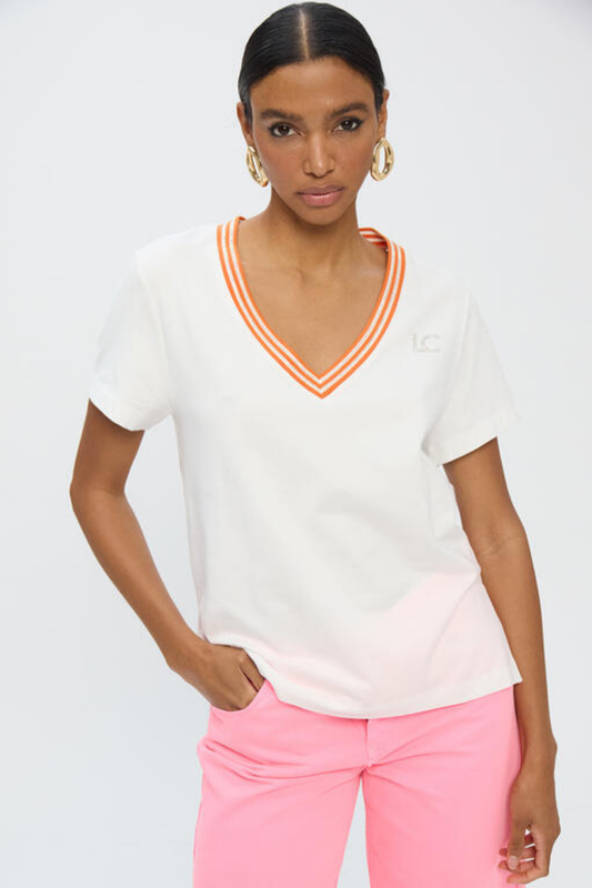 T-SHIRT BRANCA COM DECOTE EM V CONTRASTE LARANJA - LOLA CASADEMUNT