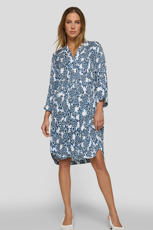VESTIDO EM VISCOSE COM ESTAMPADO AZUL E BRANCO - RABE