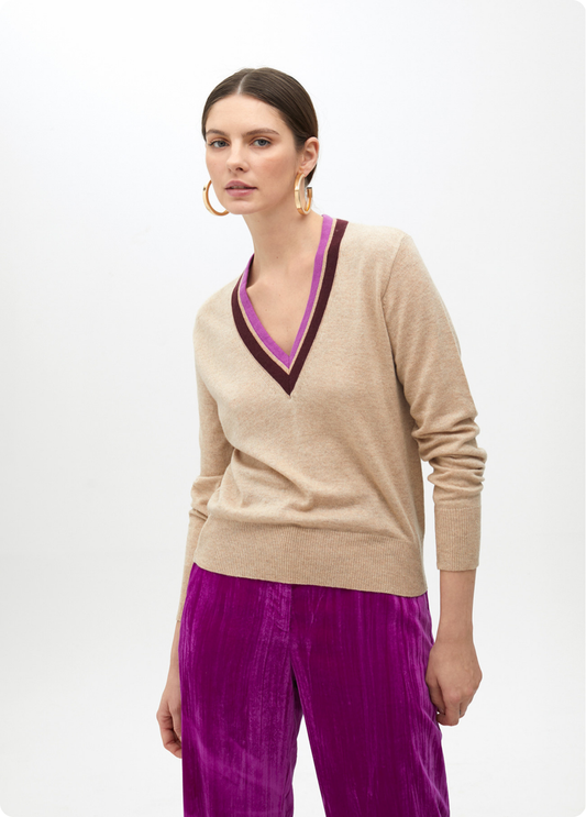 CAMISOLA DE MALHA DECOTE EM V BICOLOR - LOLA CASADEMUNT BY MAITE