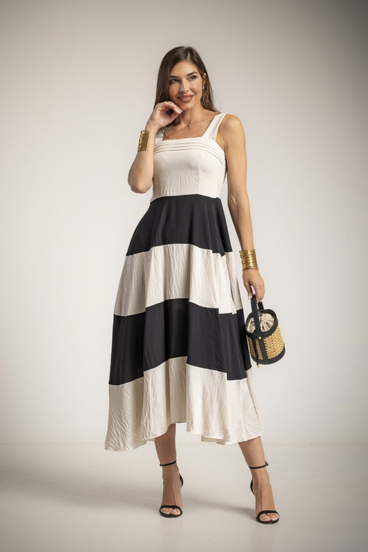 VESTIDO MIDI EVASÉ COM RISCAS BRANCO E PRETO - ALBANO'S
