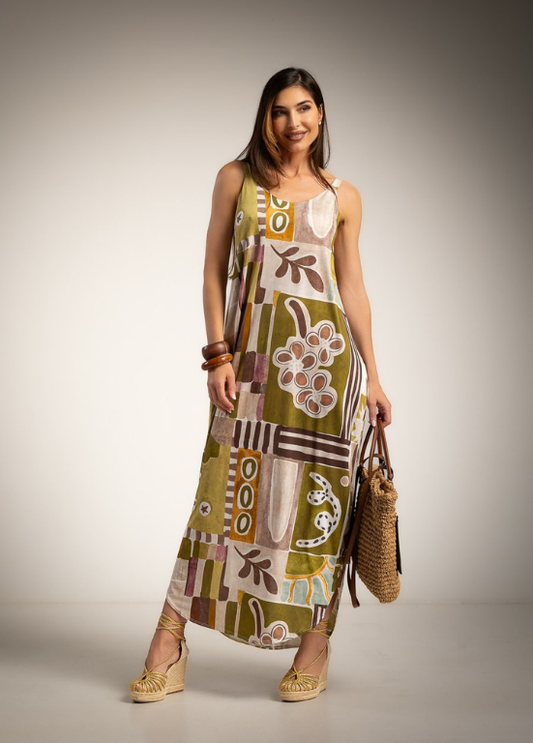 VESTIDO MAXI COM ESTAMPADO RETRO GEOMÉTRICO E FLORAL - ALBANO'S