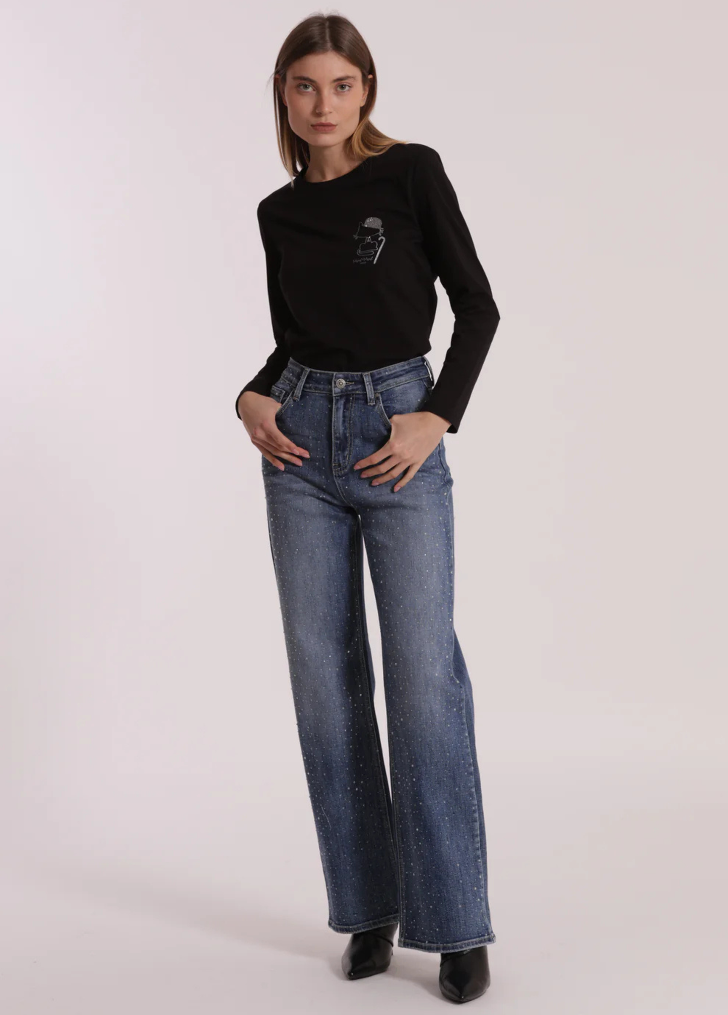 CALÇAS DE GANGA LARGAS COM STRASS À FRENTE - MIMI MUA