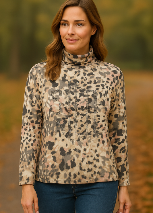 CAMISOLA ANIMAL PRINT COM LIGEIRA GOLA E STRASS - BARBARA LEBEK
