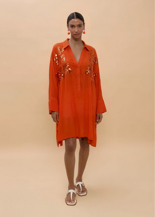 CAMISA OVERSIZE LARANJA COM LANTEJOULAS NOS OMBROS - LOLA CASADEMUNT