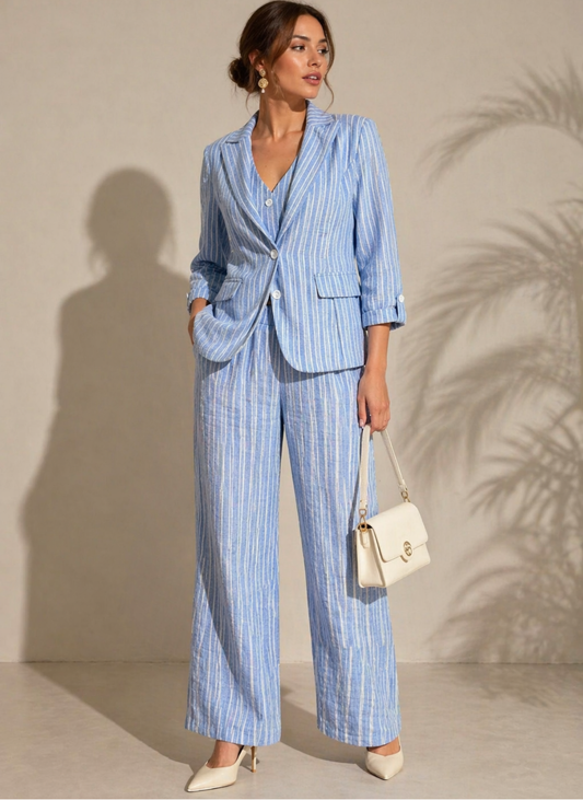 CALÇAS EM ALGODÃO E ELÁSTICO NO CÓS COM RISCA AZUL E BRANCO - ALIBY