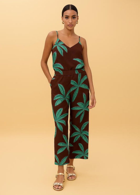 CALÇAS CASTANHAS DE TECIDO FRESCO E ESTAMPADO PALMEIRAS - LOLA CASADEMUNT