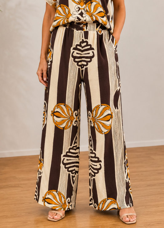 CALÇA PANTALONA COM ESTAMPADO EM TONS TERRA E ELÁSTICO NO CÓS - ALIBY