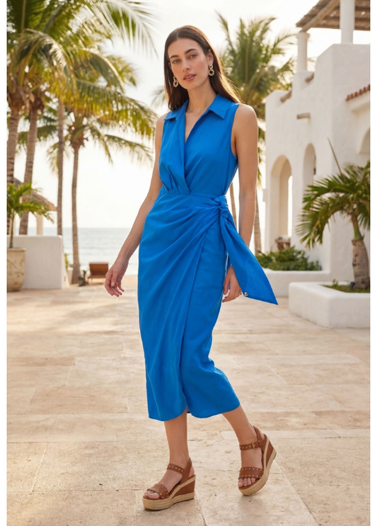 VESTIDO AZUL SEM MANGAS DE LINHO COM GOLA DE CAMISA E NÓ LATERAL - LOLA CASADEMUNT