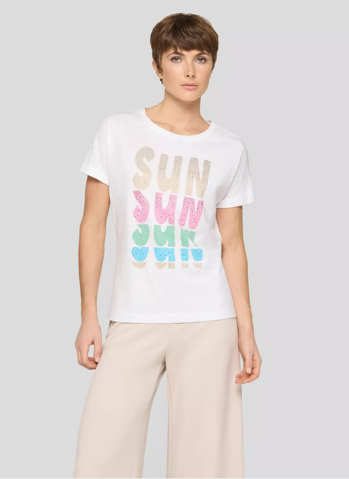 T-SHIRT BRANCA EM ALGODÃO COM STRASS "SUN" MULTICOLOR - RABE