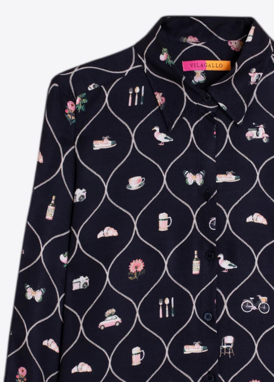 CAMISA AZUL MARINHO COM ESTAMPADO GEOMÉTRICO E VINTAGE - VILAGALLO