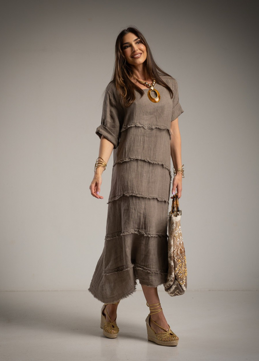 VESTIDO EM LINHO COM DESFIADOS - ALIBY