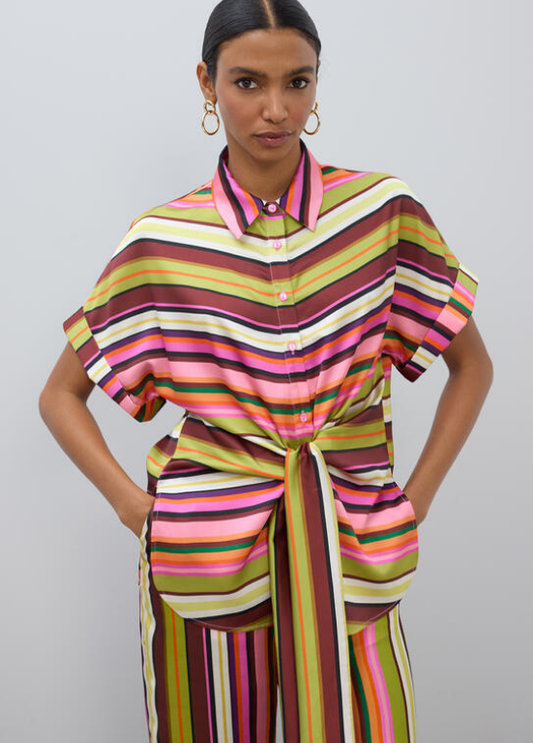 BLUSA DE RISCAS MULTICOLOR COM MANGA CURTA E LAÇADA FRONTAL - LOLA CASADEMUNT