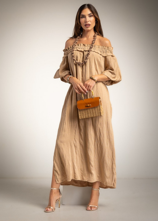 VESTIDO COM DECOTE ELÁSTICO DE OMBROS DESCAÍDOS - ALBANO'S