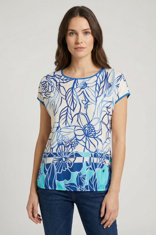 BLUSA T-SHIRT SATINADA COM ESTAMPADO FLORAL EM CREME E AZUL - BARBARA LEBEK