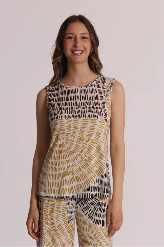 TOP DE CAVA COM ESTAMPADO AMARELO E CASTANHO - MIMI MUA