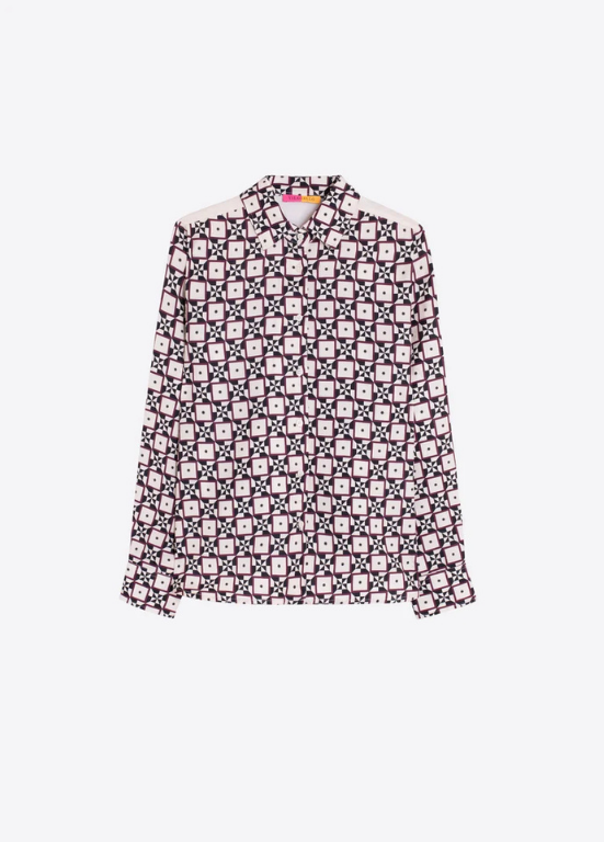 CAMISA DE MANDA COMPRIDA COM ESTAMPADO MARINHO E BORDEAUX E PAINEL NAS COSTAS - VILAGALLO
