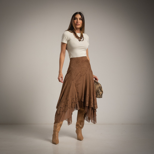 SAIA ASSIMÉTRICA BOHO CHIC TIPO CAMURÇA - ALBANOS