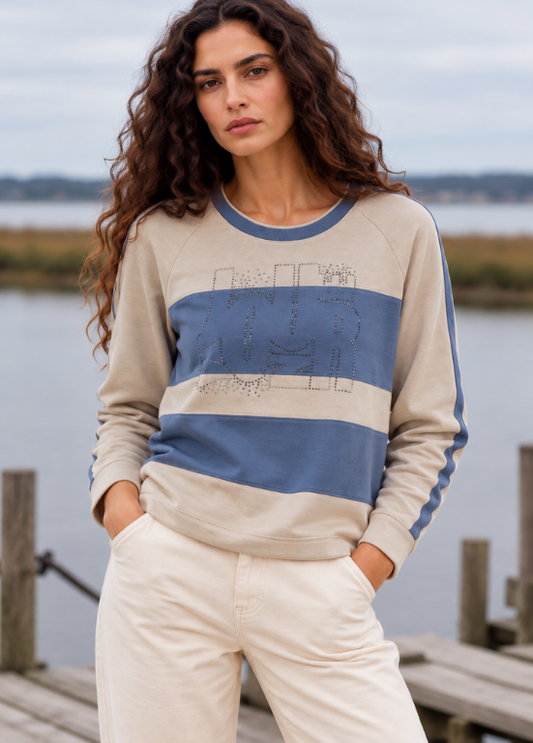 CAMISOLA DE MALHA COM RISCAS AZUL E BEGE E STRASS FRONTAL - BARBARA LEBEK