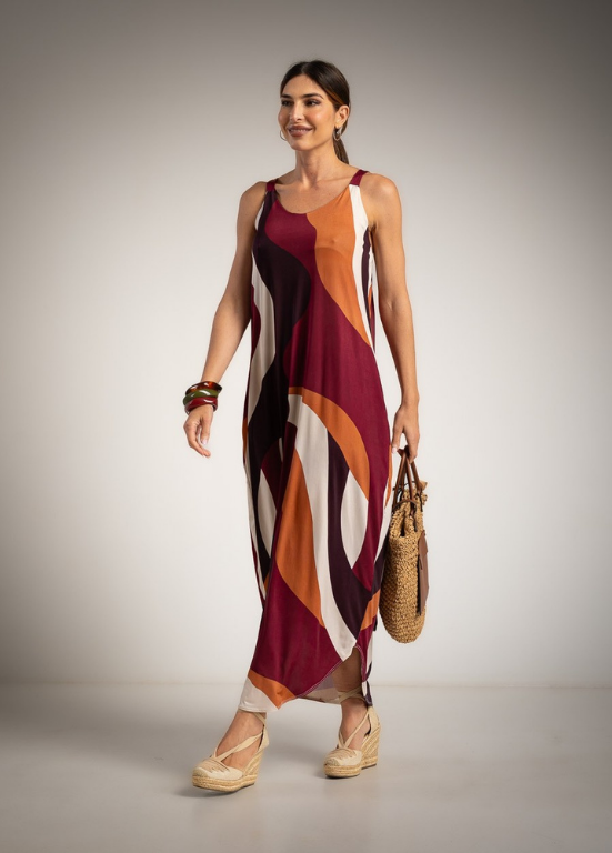 VESTIDO MAXI EM MALHA FRIA E ESTAMPADO ABSTRATO - ALBANO'S