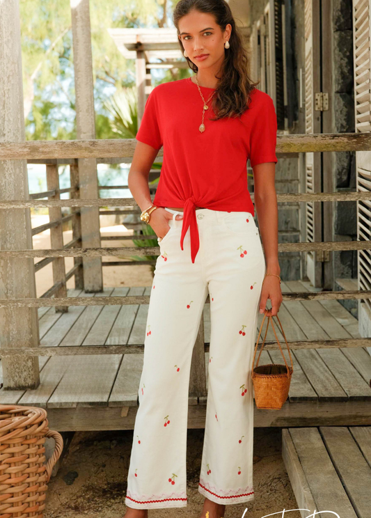 JEANS BRANCAS COM BORDADO DE CEREJAS - ALIBY