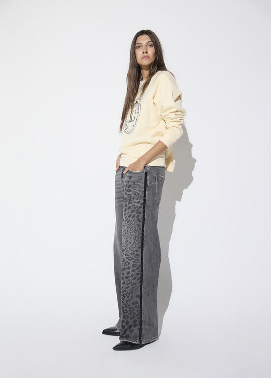 JEANS CINZA COM ASSIMETRIA E EFEITO ANIMAL PRINT LC - LOLA CASADEMUNT