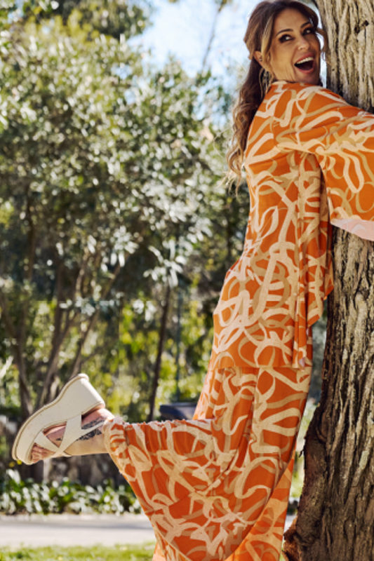BLUSA MANGA FLUÍDA AQUARELA LARANJA E BRANCA - TROPICAL BRASIL