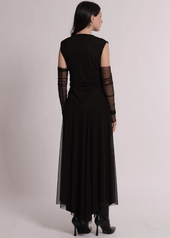VESTIDO FLUIDO COM TULE SEMI TRANSPARENTE, FORRO E MANGAS OPCIONAIS - MIMI MUA