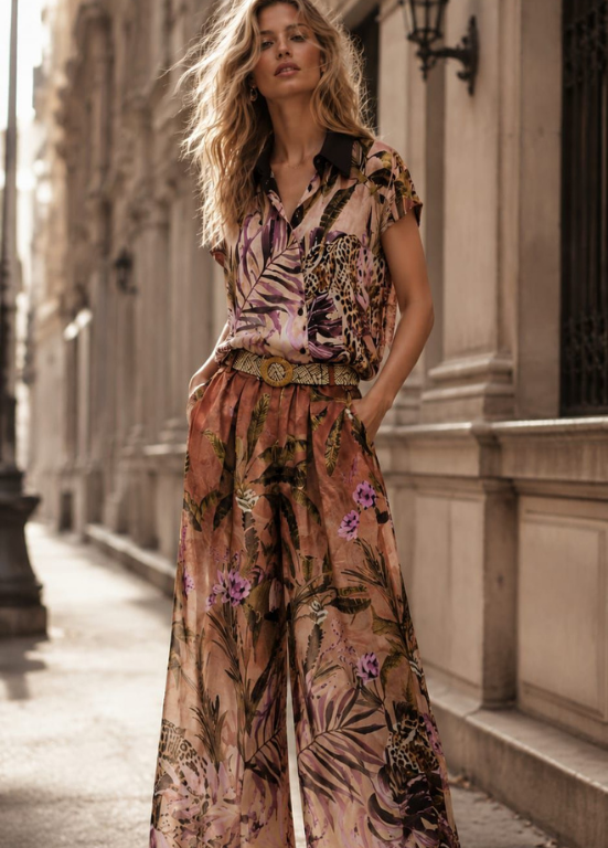 CALÇAS PANTALONAS FRESCAS COM ESTAMPADO JUNGLE - ALIBY